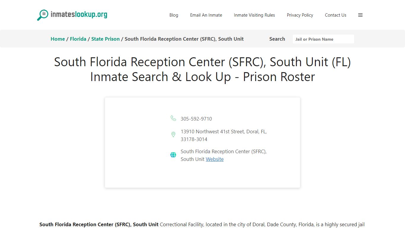 South Florida Reception Center (SFRC), South Unit (FL) Inmate Search ...